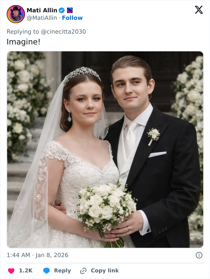 Barron Trump and Princess Isabella in wedding attire, posing together with floral decorations in the background. Barron Trump and Princess Isabella in wedding attire, posing together with floral decorations in the background.