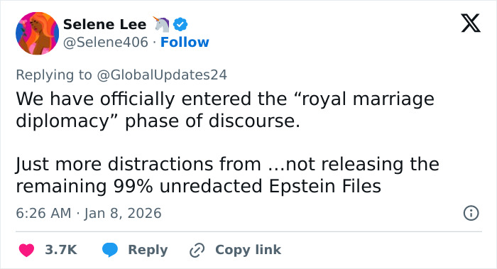 Tweet discussing royal marriage diplomacy in relation to Barron Trump and Princess Isabella securing Greenland. Tweet discussing royal marriage diplomacy in relation to Barron Trump and Princess Isabella securing Greenland.