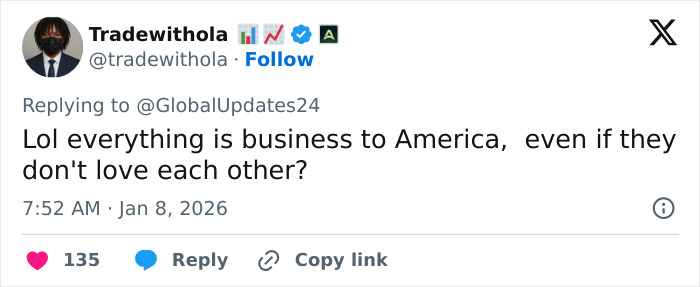Tweet discussing America’s business motives amid viral post urging Barron Trump to marry Princess Isabella for Greenland. Tweet discussing America’s business motives amid viral post urging Barron Trump to marry Princess Isabella for Greenland.