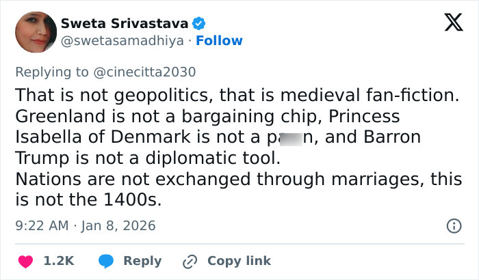 Twitter post criticizing viral claims urging Barron Trump to marry Princess Isabella to secure Greenland, debunking medieval fan-fiction.