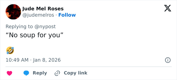 Twitter reply from a user laughing in response to a salty pizzeria owner's witty online review comeback.