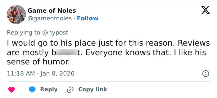 Tweet showing a social media user praising a pizzeria owner’s salty replies to harsh online reviews. Tweet showing a social media user praising a pizzeria owner’s salty replies to harsh online reviews.