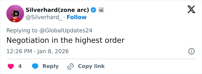 Tweet from Silverhard urging Barron Trump to marry Princess Isabella to secure Greenland, calling it negotiation in the highest order. Tweet from Silverhard urging Barron Trump to marry Princess Isabella to secure Greenland, calling it negotiation in the highest order.