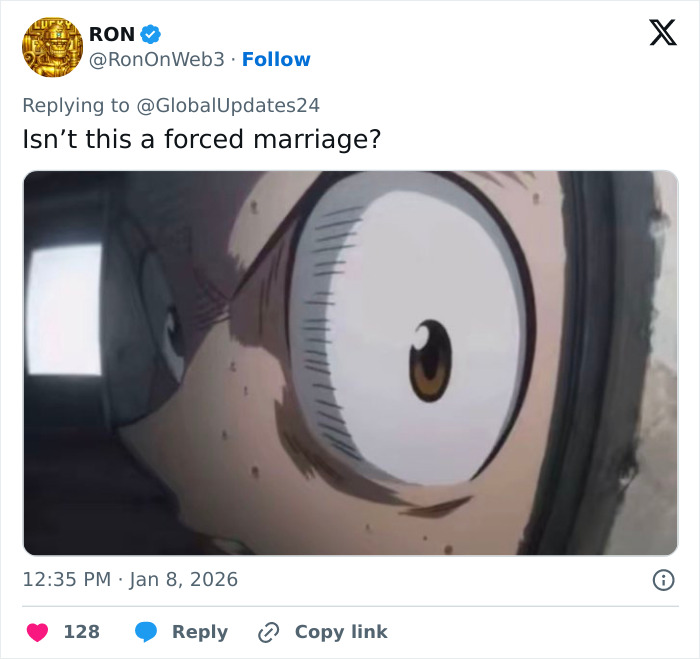 Close-up of an animated character's wide eye expressing shock, related to Barron Trump marry Princess Isabella monarchy theme.