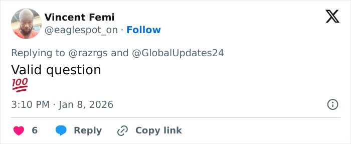 Tweet by Vincent Femi responding with valid question emoji, discussing Barron Trump marriage and Greenland security. Tweet by Vincent Femi responding with valid question emoji, discussing Barron Trump marriage and Greenland security.