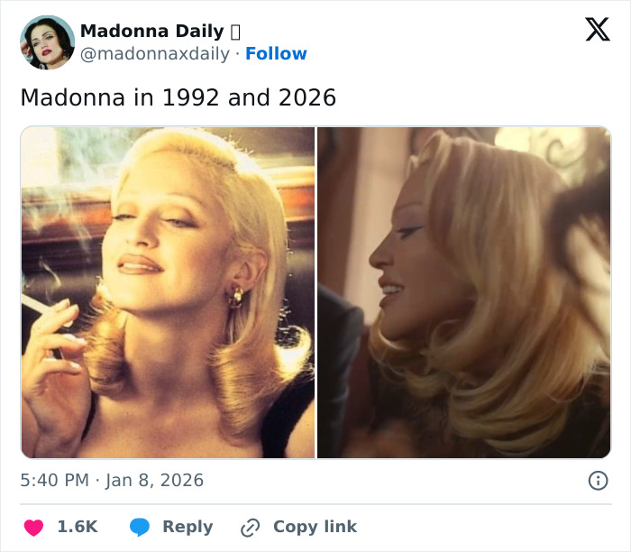 Side-by-side images of Madonna from 1992 and 2026, related to her raunchy Dolce & Gabbana ad with younger men. Side-by-side images of Madonna from 1992 and 2026, related to her raunchy Dolce & Gabbana ad with younger men.