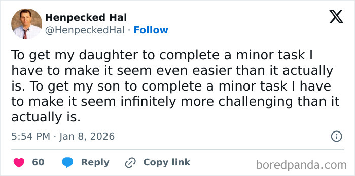 Tweet by Henpecked Hal humorously highlighting comedic parenting moments about handling tasks with daughter and son.