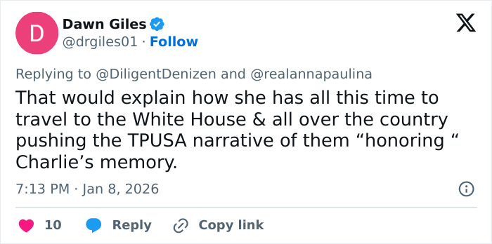 Tweet by Dawn Giles discussing travel and political narratives amid Erika Kirk custody speculation after congresswoman remark.