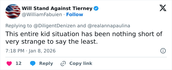 Tweet from Will Stand Against Tierney referencing a strange kid situation amid Erika Kirk custody speculation.