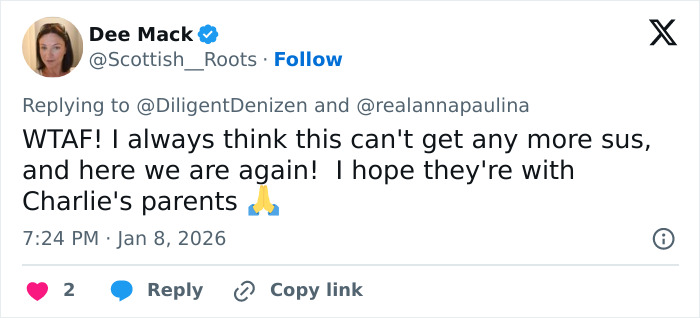 Tweet on custody speculation regarding Erika Kirk, expressing disbelief and concern for Charlie's parents.