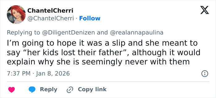 Tweet from ChantelCherri discussing custody speculation and family remarks related to Erika Kirk&rsquo;s situation.