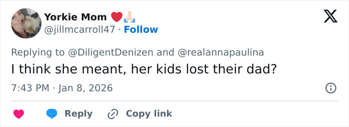 Twitter reply by user Yorkie Mom questioning custody speculation about Erika Kirk's kids losing their dad.