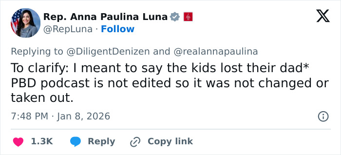 Rep. Anna Paulina Luna clarifying custody speculation in a tweet following explosive congresswoman remark.