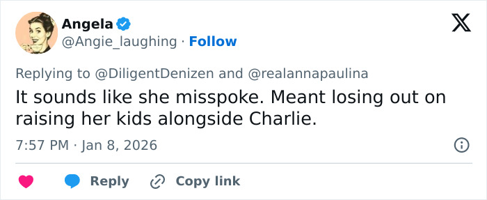 Tweet by Angela discussing custody speculation involving Erika Kirk and raising kids alongside Charlie.