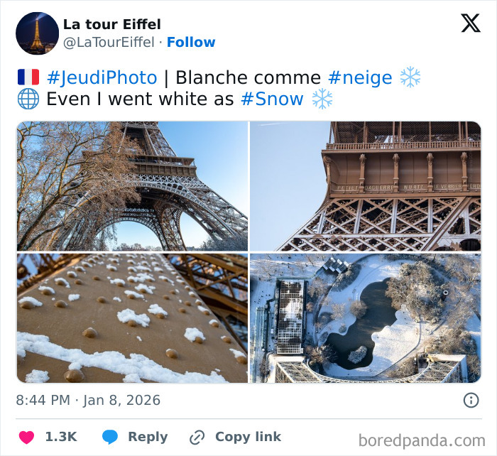 Close-up winter photos of the Eiffel Tower and snowy landscapes showcasing cozy images to enjoy without stepping into the cold.