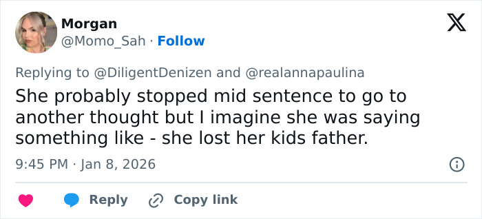 Tweet discussing custody speculation involving Erika Kirk after a controversial remark by a congresswoman.