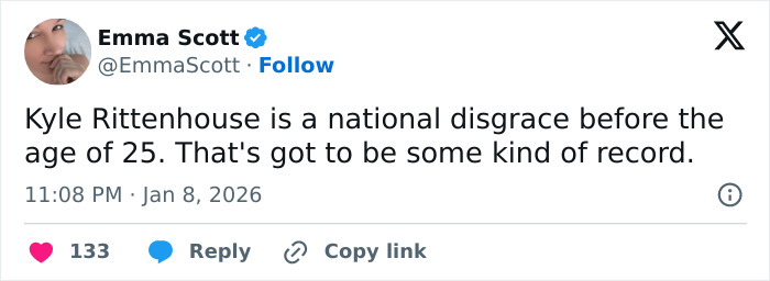 Screenshot of a tweet criticizing Kyle Rittenhouse, reflecting public outrage over ICE slaying reaction in Minneapolis. Screenshot of a tweet criticizing Kyle Rittenhouse, reflecting public outrage over ICE slaying reaction in Minneapolis.