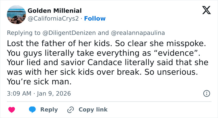 Tweet by Golden Millenial discussing custody speculation involving Erika Kirk and addressing controversy over remarks.