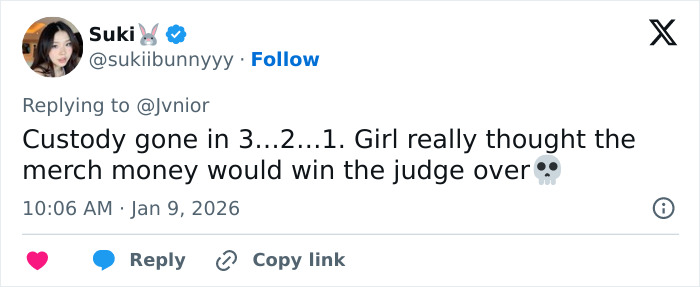 Tweet from user Suki referencing custody speculation with a skull emoji, dated January 9, 2026.