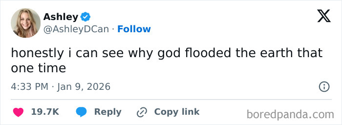 Tweet by Ashley expressing humor about a biblical flood, illustrating moments when the internet got way too funny this January.