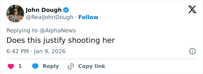 Tweet by John Doughh replying to AlphaNews questioning justification of fatal shooting in newly released ICE video. Tweet by John Doughh replying to AlphaNews questioning justification of fatal shooting in newly released ICE video.