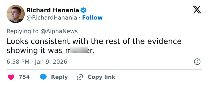 Tweet from Richard Hanania commenting on evidence related to the fatal shooting of Renée Nicole Good by ICE. Tweet from Richard Hanania commenting on evidence related to the fatal shooting of Renée Nicole Good by ICE.