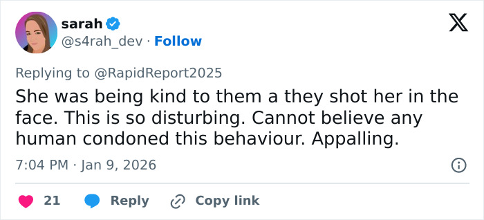 Twitter post by user sarah expressing shock and condemnation over the fatal shooting in the newly released ICE video. Twitter post by user sarah expressing shock and condemnation over the fatal shooting in the newly released ICE video.