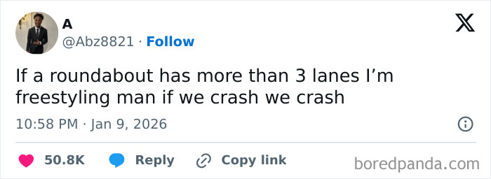 Tweet about humor on confusing roundabouts, highlighting internet moments getting way too funny in January.