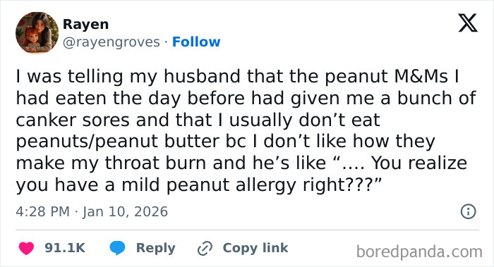 Social media post humor about peanut allergies, capturing moments the internet got way too funny this January.