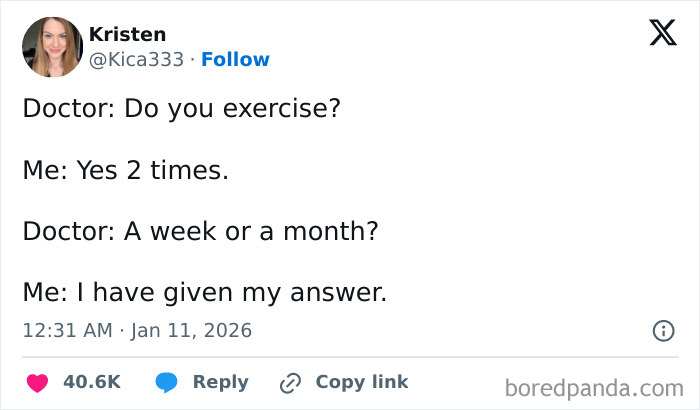 Screenshot of a humorous tweet showing a funny exchange about exercise, illustrating internet humor in January.