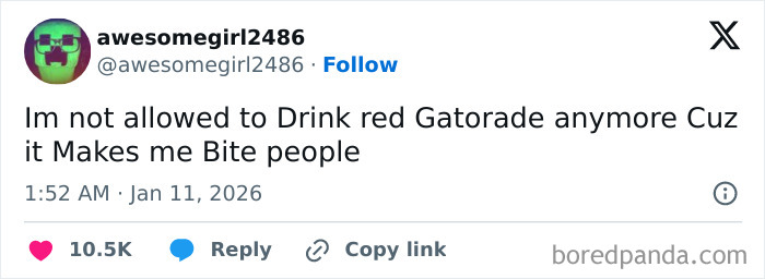 Screenshot of a humorous social media post about red Gatorade causing someone to bite people, showcasing internet funny moments.