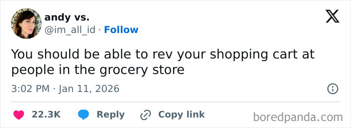 Tweet from user andy vs. humorously suggesting revving a shopping cart at people in the grocery store, showcasing internet funny moments.