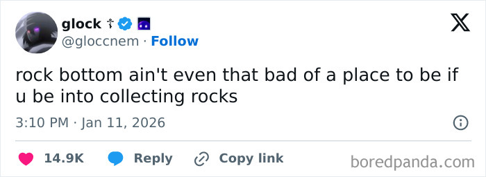 Tweet about hitting rock bottom humorously, reflecting the internet’s funny moments this January in casual text format.