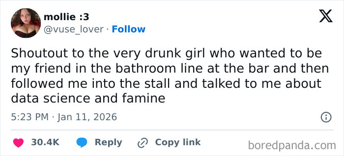 Screenshot of a funny internet tweet about a drunk girl talking about data science and famine in a bathroom line.