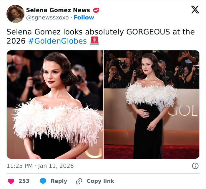 Selena Gomez in a feathered off-shoulder gown at the Golden Globes, sparking fans' reactions to her look.