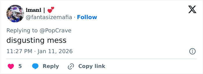 Tweet on social media showing a user calling Selena Gomez and Benny Blanco's Golden Globes look a disgusting mess. Tweet on social media showing a user calling Selena Gomez and Benny Blanco's Golden Globes look a disgusting mess.