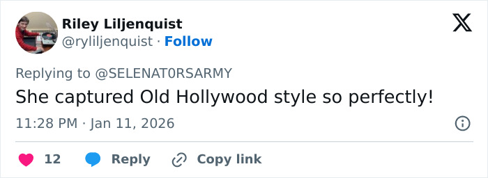 User comment praising Selena Gomez and Benny Blanco's Golden Globes look, calling it Old Hollywood style captured perfectly.