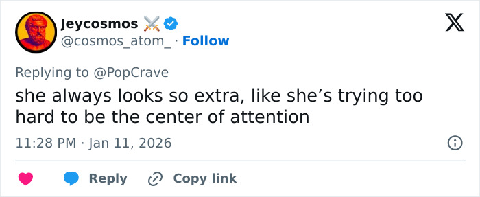 Social media comment reacting to Elle Fanning&rsquo;s Electric Head Golden Globes look, calling it extra and attention-seeking.