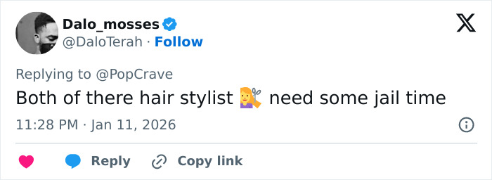 Tweet criticizing Selena Gomez and Benny Blanco’s Golden Globes look, calling their hairstyle a disgusting mess.