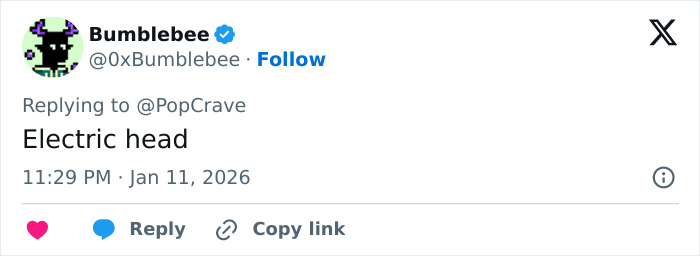 Tweet from Bumblebee with text Electric head, posted January 11, 2026, referencing Elle Fanning&rsquo;s Golden Globes look.