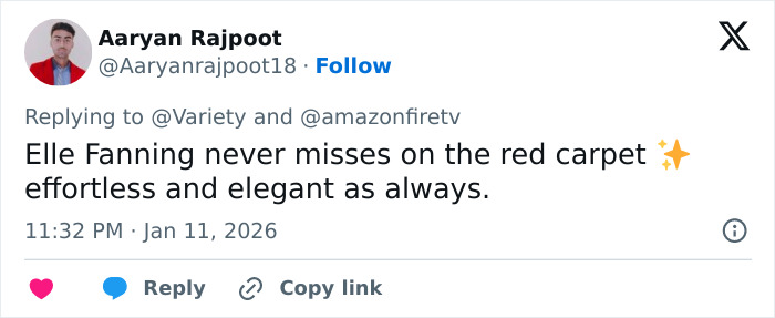 Tweet praising Elle Fanning&rsquo;s Golden Globes look, highlighting her effortless and elegant style on the red carpet.