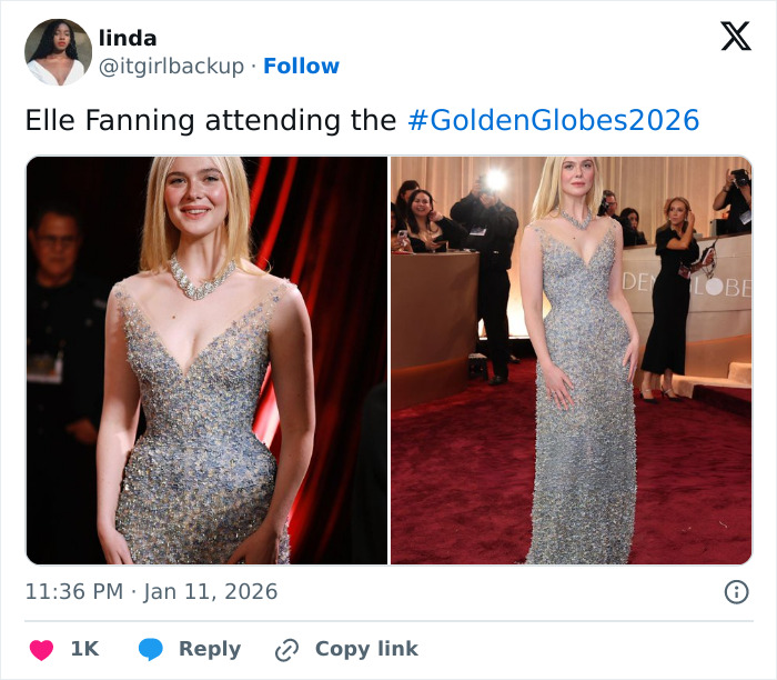 Elle Fanning at the Golden Globes wearing a sparkling gown, showcasing the electric head look with divided fan reactions.
