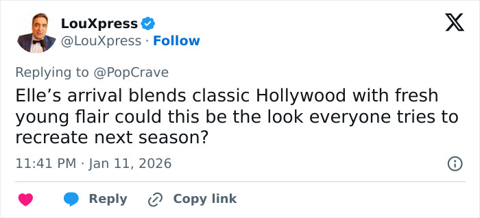 Tweet from LouXpress discussing Elle Fanning&rsquo;s Electric Head Golden Globes look blending classic Hollywood with fresh flair.