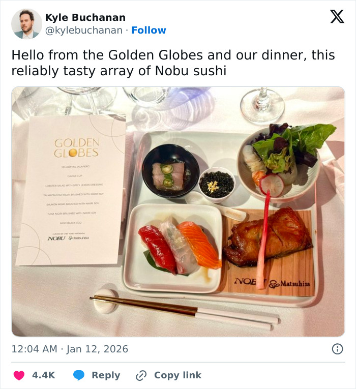 Golden Globes food featuring Nobu sushi and dishes served on a tray, popular for ordering on DoorDash delivery.