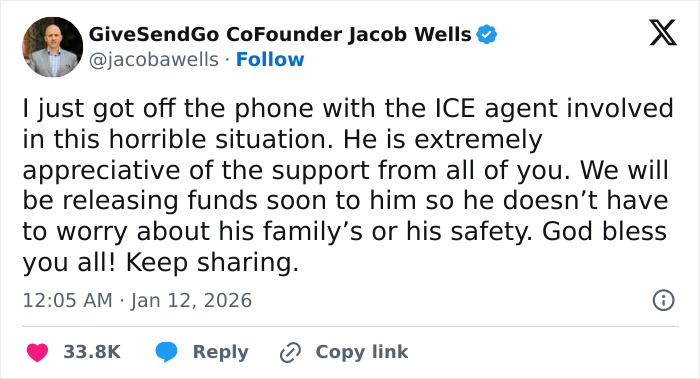 Tweet from GiveSendGo CoFounder Jacob Wells discussing Minneapolis ICE agent's appreciation for crowdfunding support.