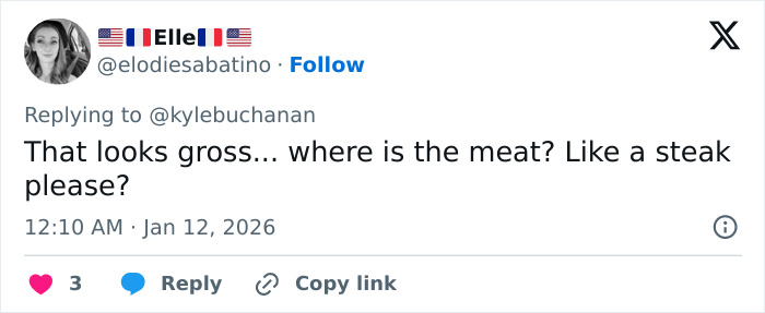 Tweet reacting to Golden Globes food, questioning the lack of meat and asking if steak is available to order on DoorDash.