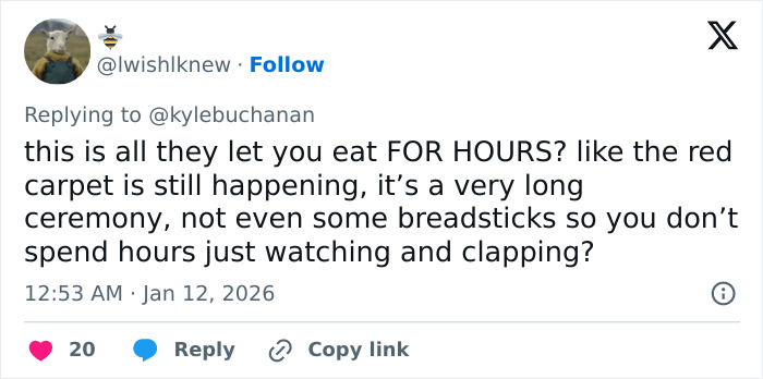 Fan questions Golden Globes food portions during long ceremony with DoorDash order option highlighted.