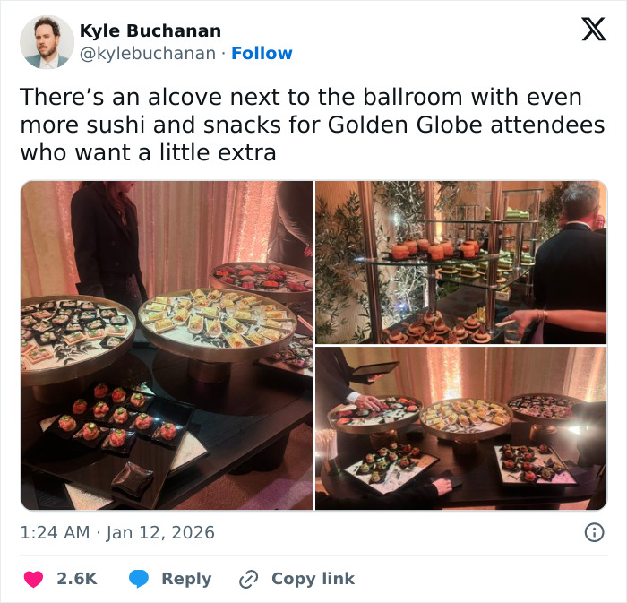 Golden Globes food spread including sushi and snacks on display, later revealed available for order on DoorDash.