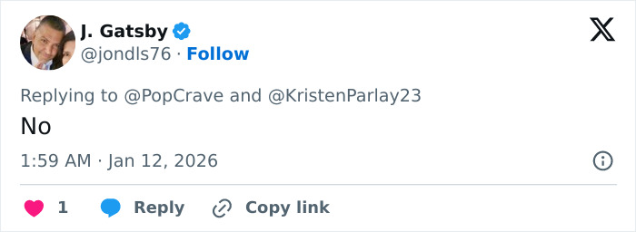 Tweet reply from J. Gatsby with text No, commenting on Jennifer Lopez&rsquo;s Golden Globes look ageist backlash discussion.