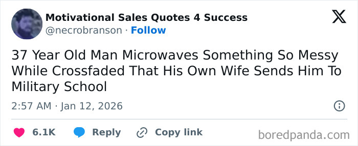 Tweet about a 37-year-old man microwaving something messy while crossfaded, highlighting internet humor moments from January.